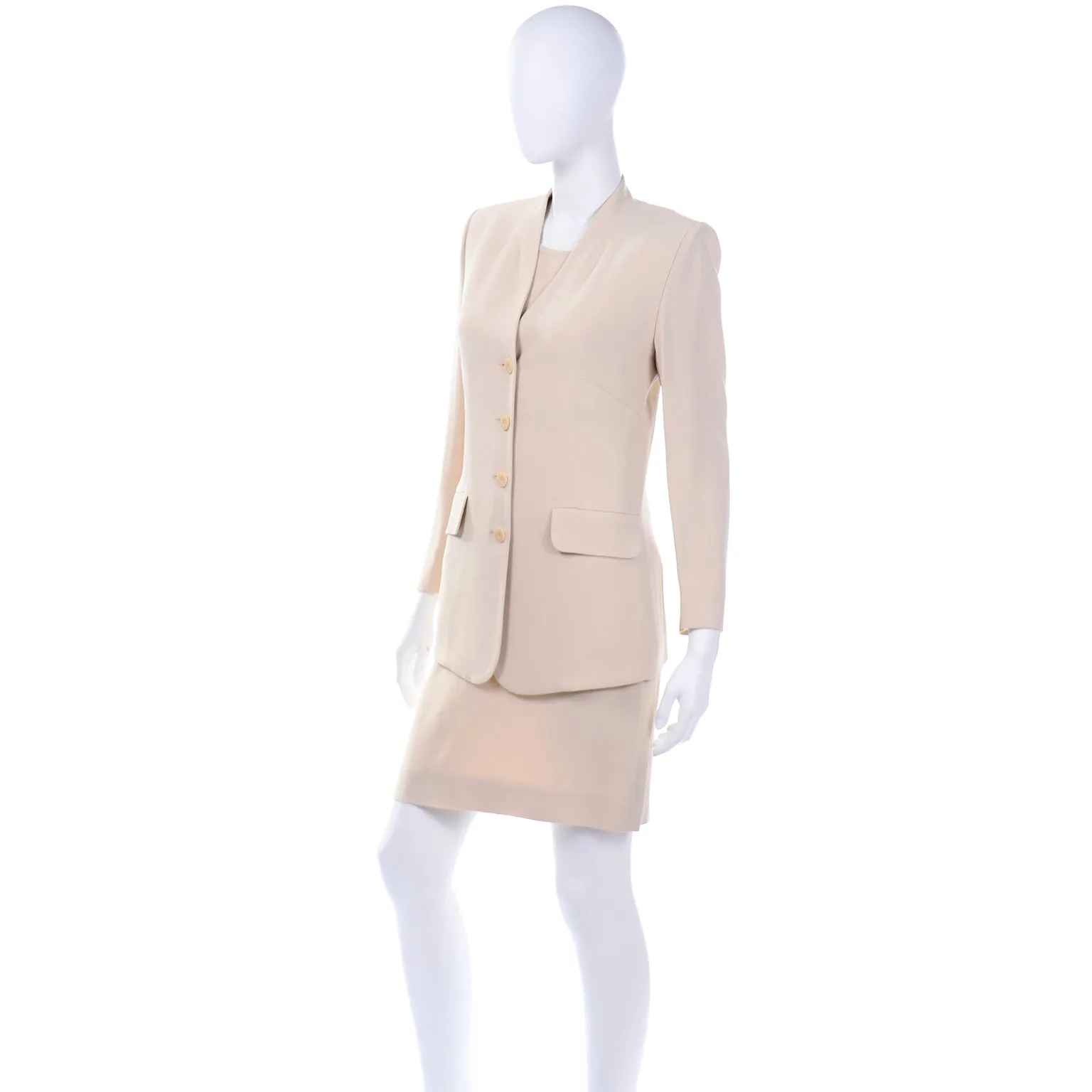 1990s Sonia Rykiel Neutral 3pc Skirt Top and Long Blazer Jacket Suit