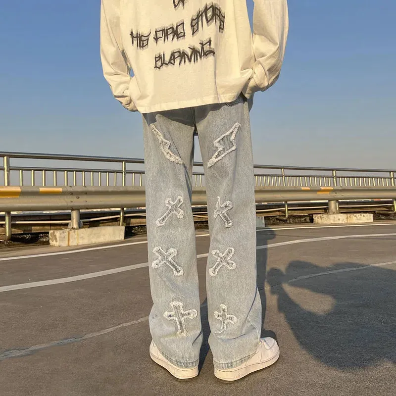 Aidase New Men's jeans Neutral Wide Leg Denim Trousers Loose Straight Luxury Jeans Youth Street Casual Cross Embroidery Hip hop Pants