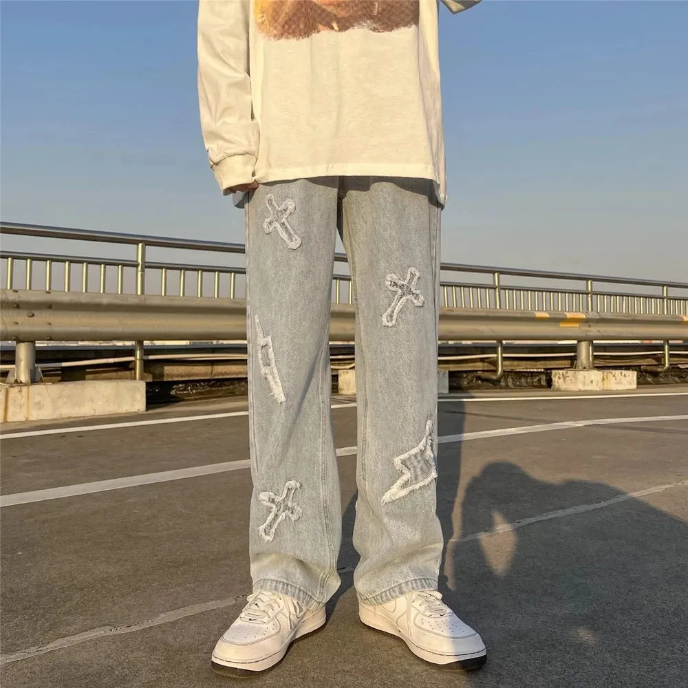 Aidase New Men's jeans Neutral Wide Leg Denim Trousers Loose Straight Luxury Jeans Youth Street Casual Cross Embroidery Hip hop Pants