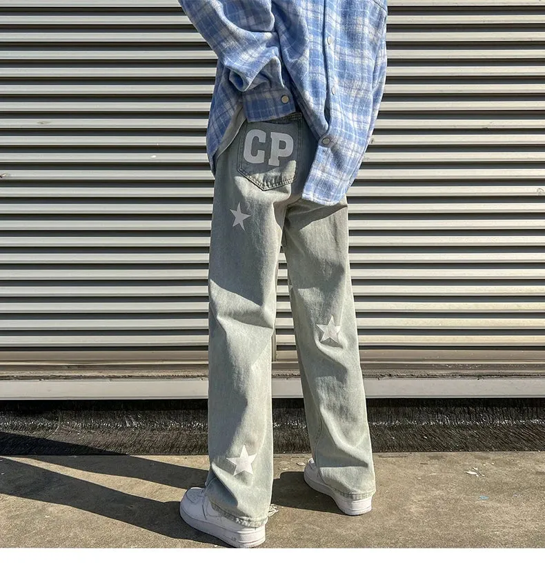 Aidase New Men's jeans Neutral Wide Leg Denim Trousers Loose Straight Luxury Jeans Youth Street Casual Cross Embroidery Hip hop Pants