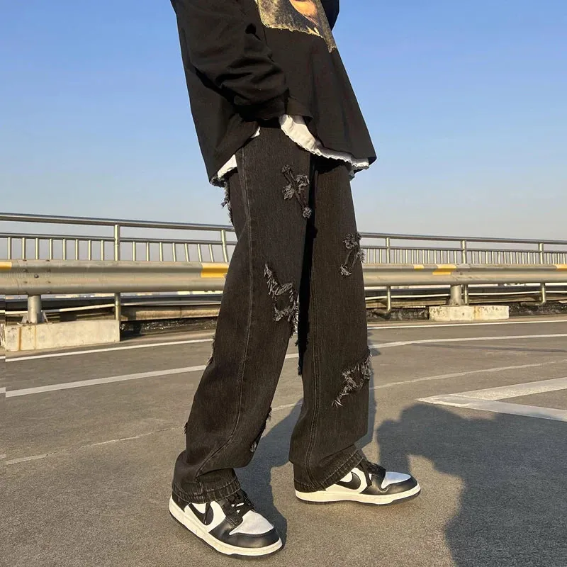 Aidase New Men's jeans Neutral Wide Leg Denim Trousers Loose Straight Luxury Jeans Youth Street Casual Cross Embroidery Hip hop Pants