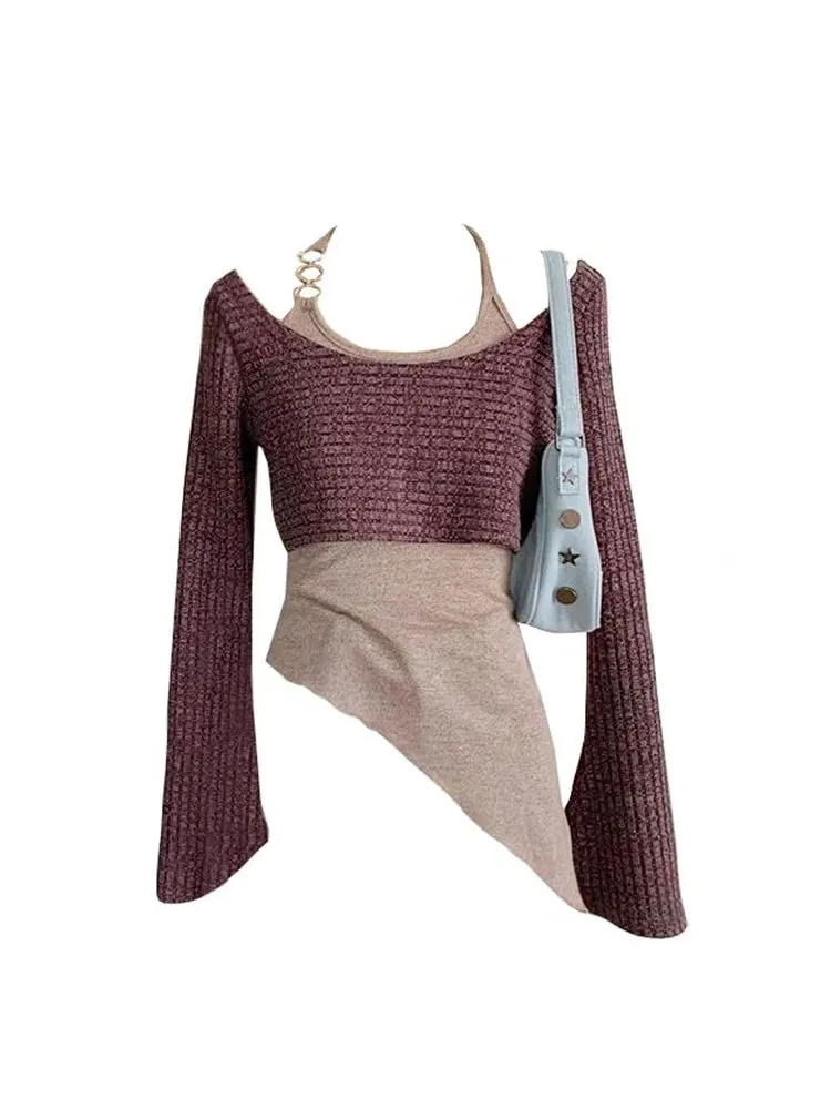 Aiertu Women's Grey Pullover Knitted Sweater Vintage Harajuku 2000s Fashion Elegant Casual Long Sleeve Sweater Top 90s Clothes Autumn