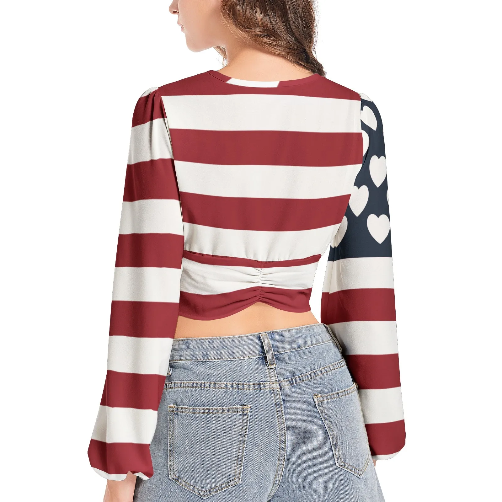 Americana USA Women's Deep V-Neck Lantern Sleeve Crop Top