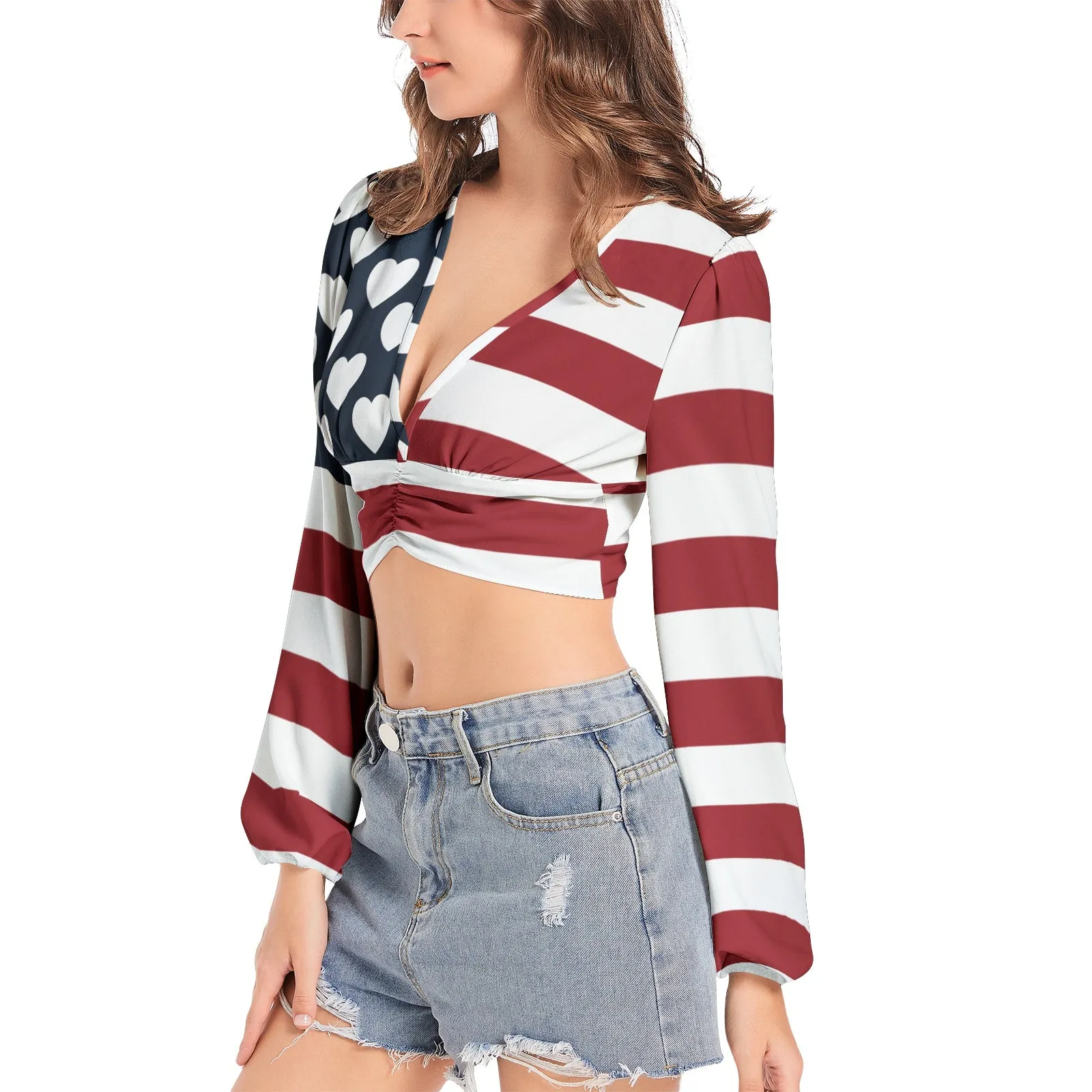 Americana USA Women's Deep V-Neck Lantern Sleeve Crop Top