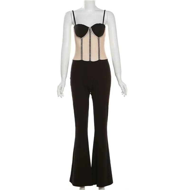 Beaded mesh patchwork cami jumpsuit