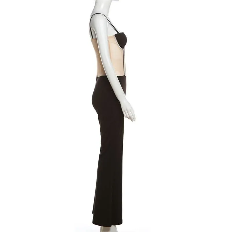 Beaded mesh patchwork cami jumpsuit
