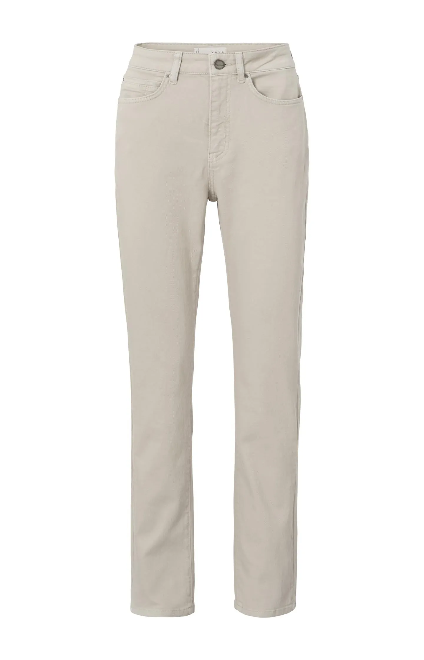 Beige denim pants with straight legs, belt loops and pockets