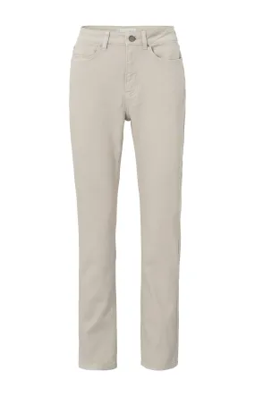Beige denim pants with straight legs, belt loops and pockets