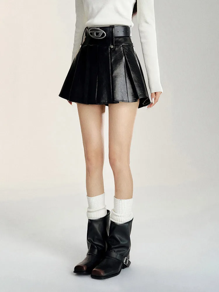Black & Burgundy A-line Pleated Leather Skirt