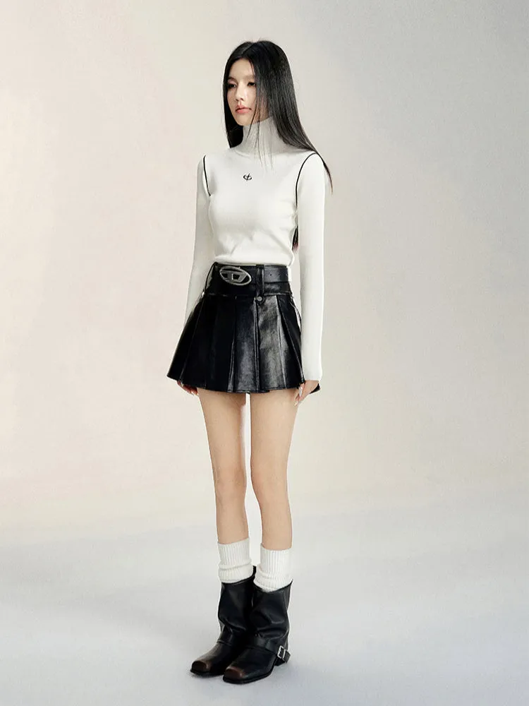 Black & Burgundy A-line Pleated Leather Skirt