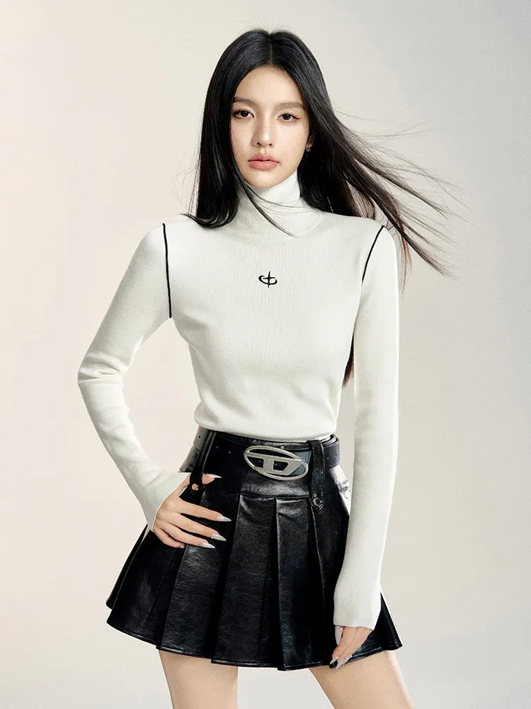 Black & Burgundy A-line Pleated Leather Skirt