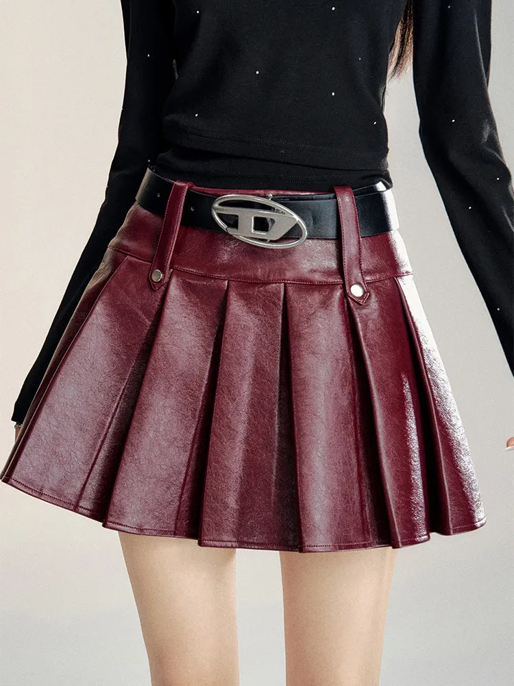 Black & Burgundy A-line Pleated Leather Skirt