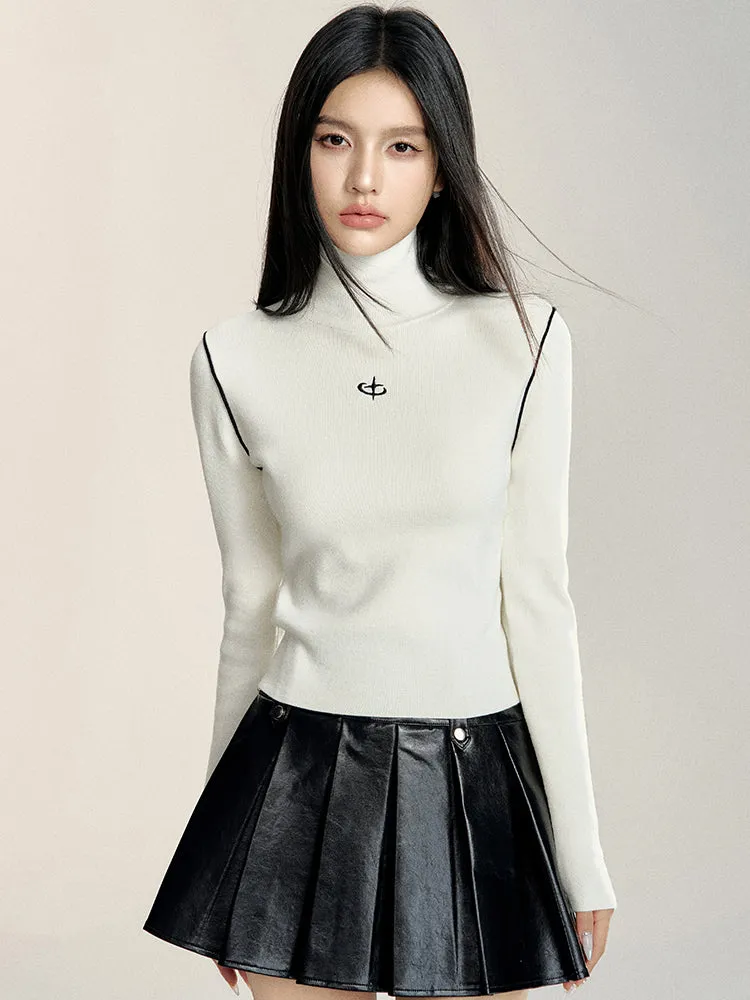 Black & Burgundy A-line Pleated Leather Skirt