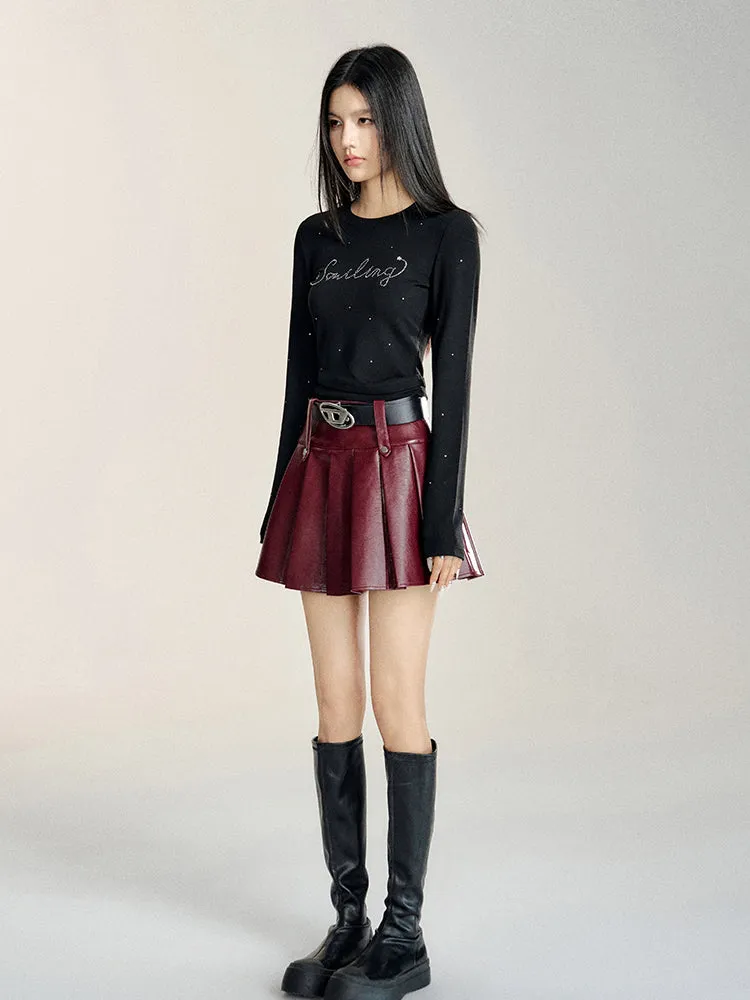 Black & Burgundy A-line Pleated Leather Skirt