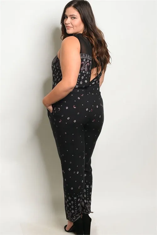 Black and White Paisley Print Plus Size Jumpsuit