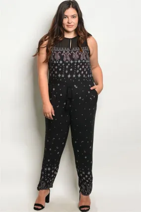 Black and White Paisley Print Plus Size Jumpsuit