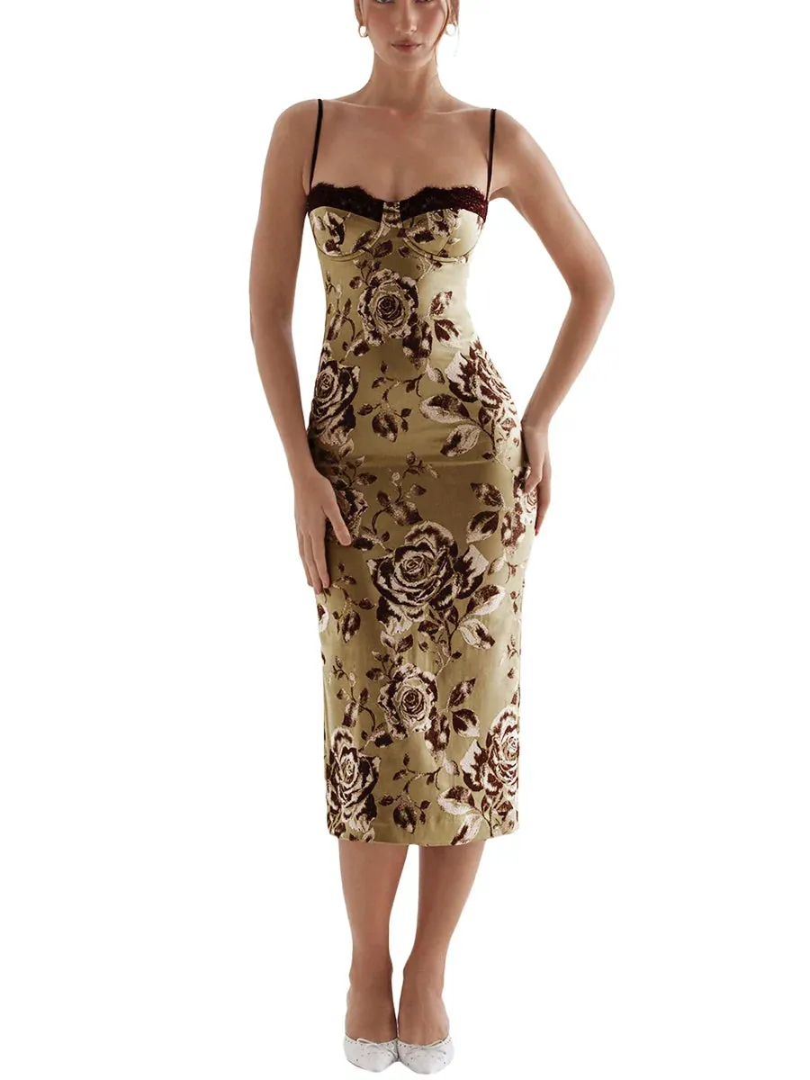 Bodycon Floral Print Maxi Vintage Spaghetti Strap Backless Long Elegant Casual Women Dress