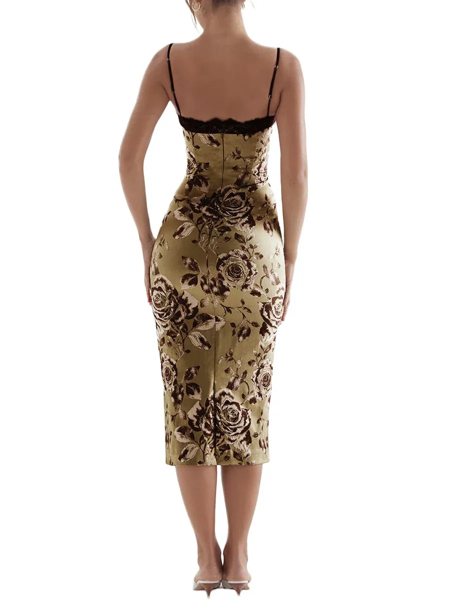 Bodycon Floral Print Maxi Vintage Spaghetti Strap Backless Long Elegant Casual Women Dress