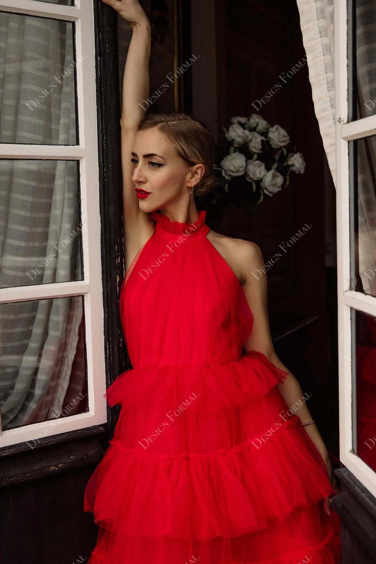 Bold Red Halter Neck Tiered Tulle Tea Length Custom-made Prom Dress