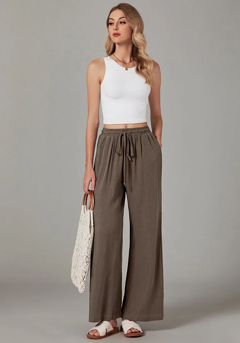 Brown Relaxed Fit High Waisted Elastic Waist Wide Leg Drawstring Pocket Pant