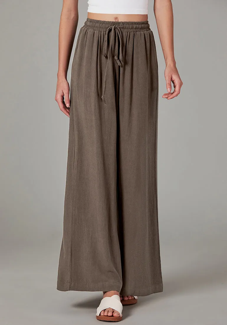 Brown Relaxed Fit High Waisted Elastic Waist Wide Leg Drawstring Pocket Pant