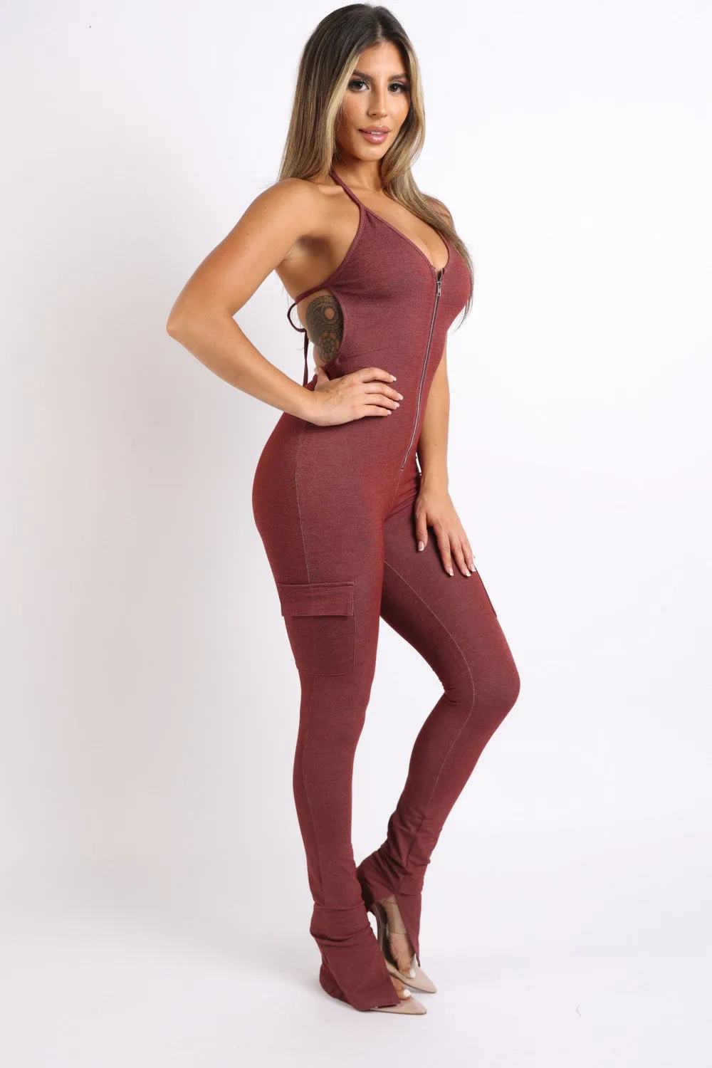 Cargo Halter Jumpsuit - Ships from The US