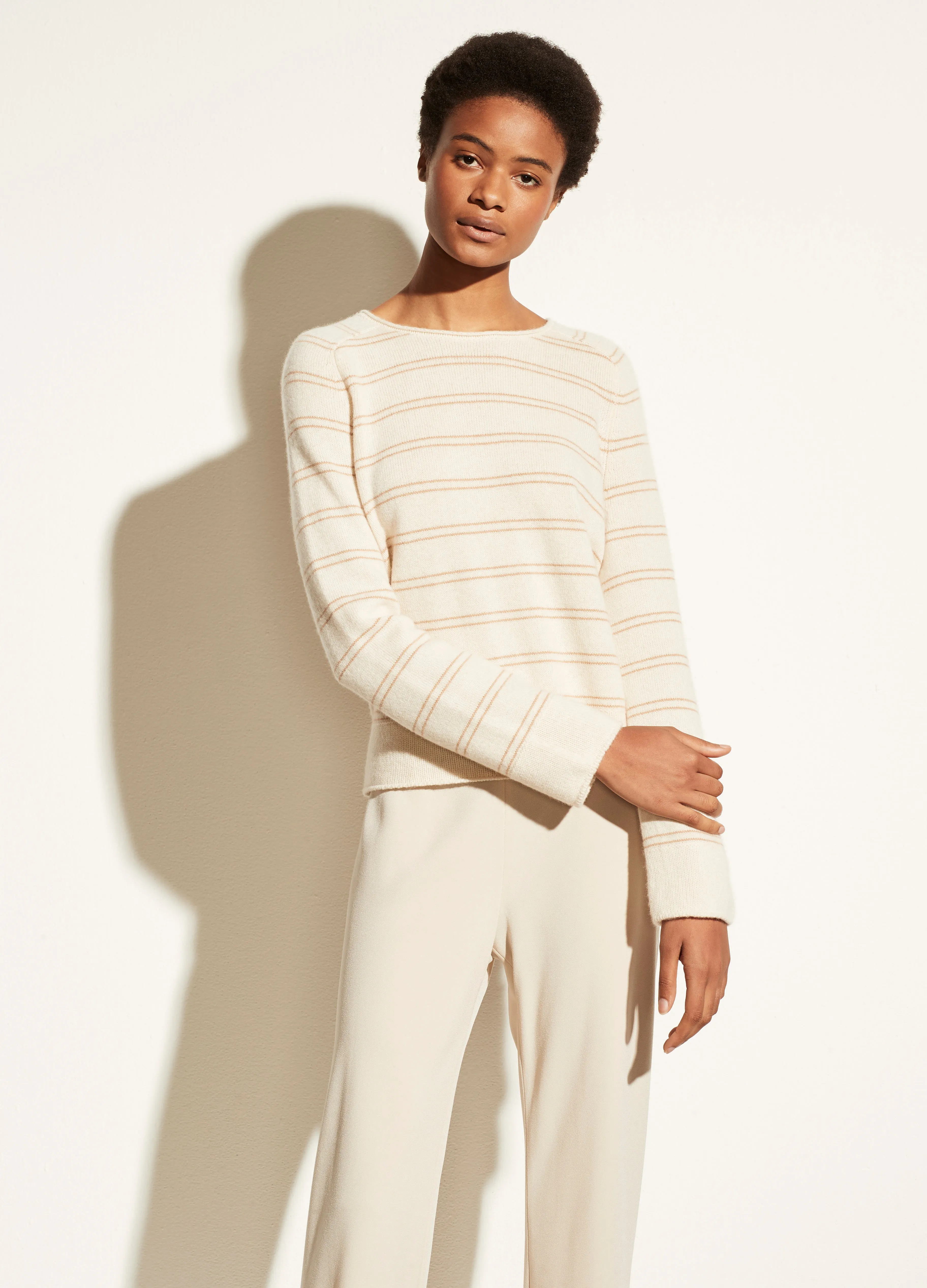 Cashmere Railroad Stripe Long Sleeve in Heather Shell/Light Camel