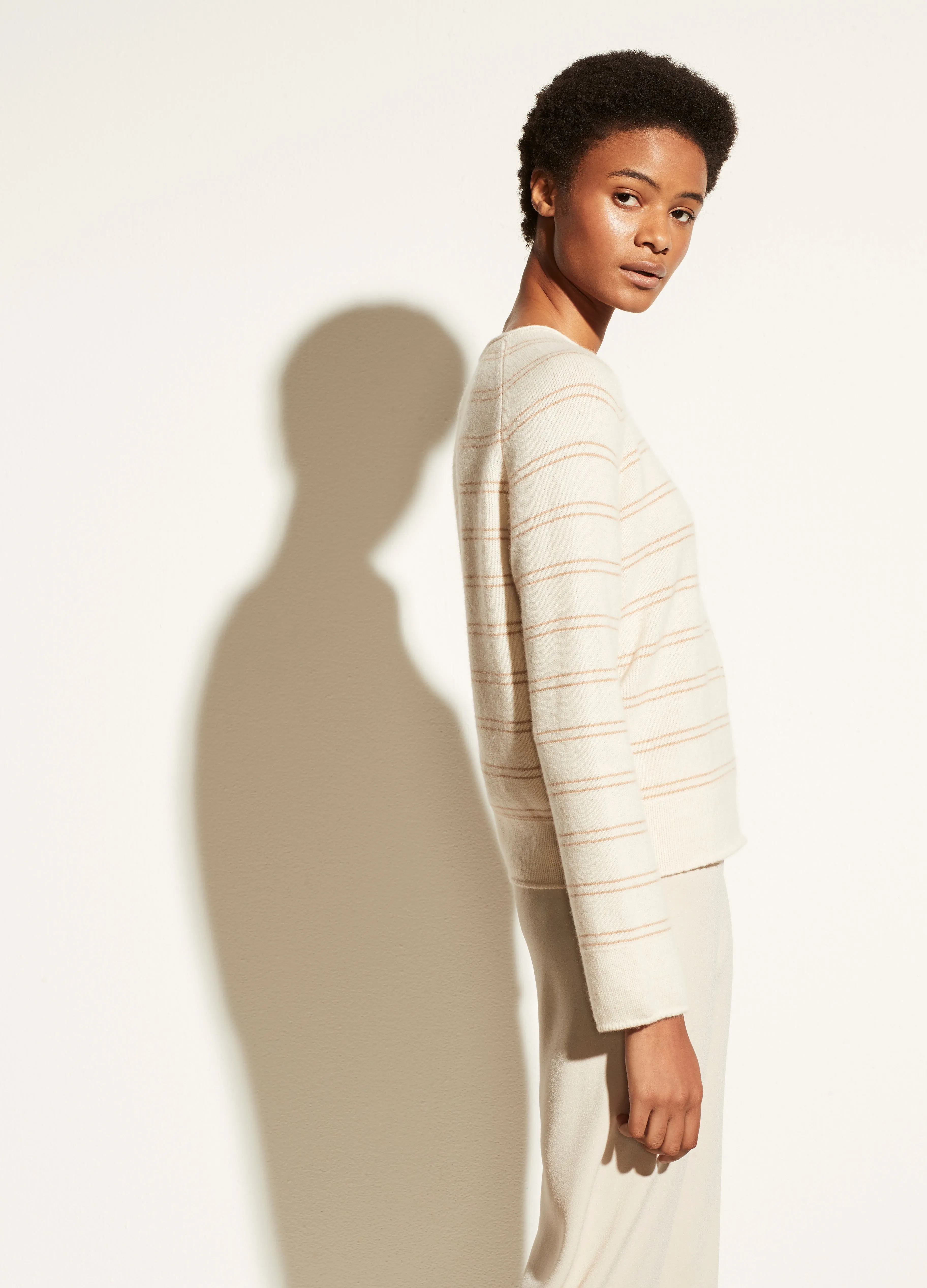 Cashmere Railroad Stripe Long Sleeve in Heather Shell/Light Camel