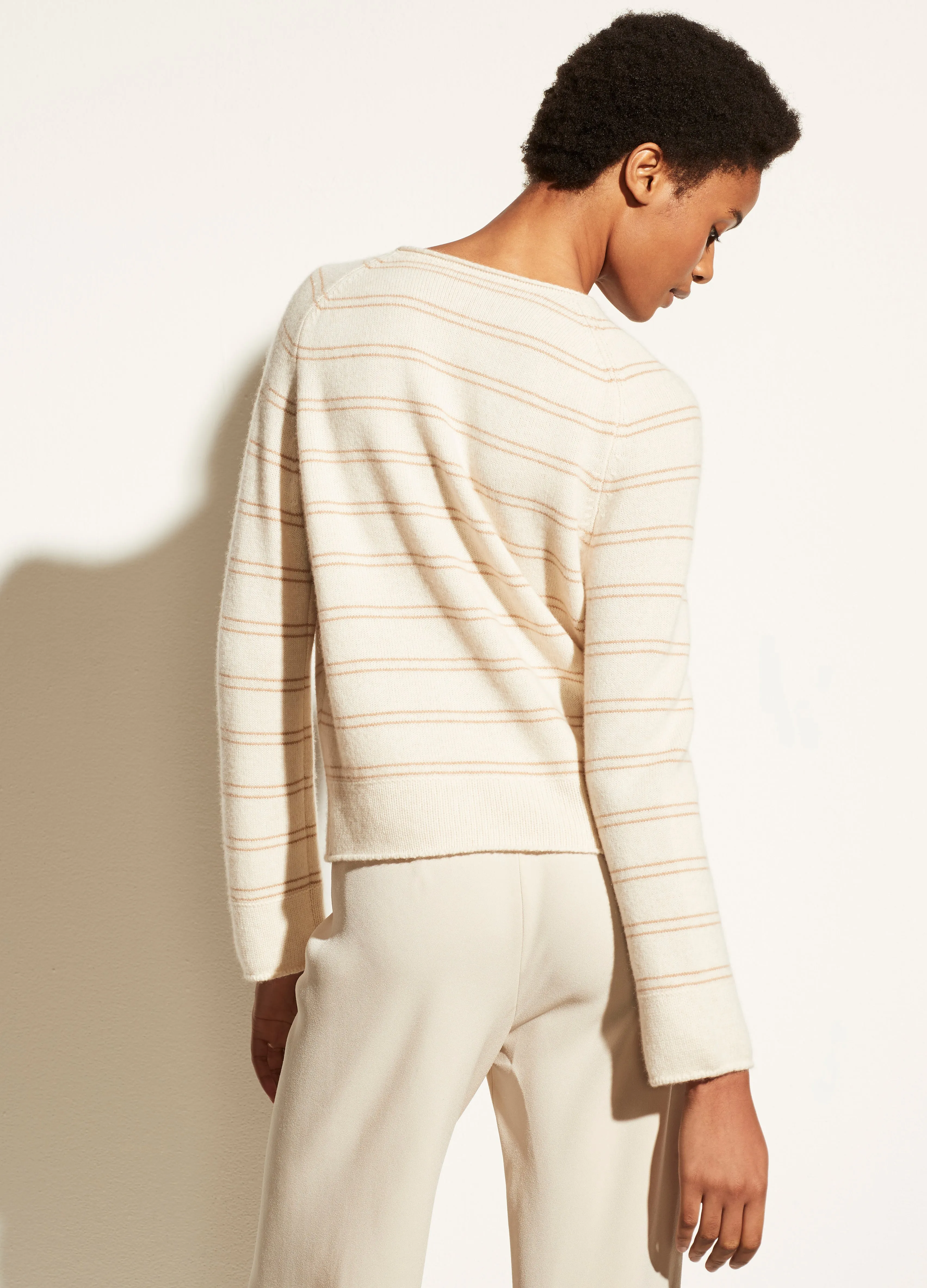 Cashmere Railroad Stripe Long Sleeve in Heather Shell/Light Camel