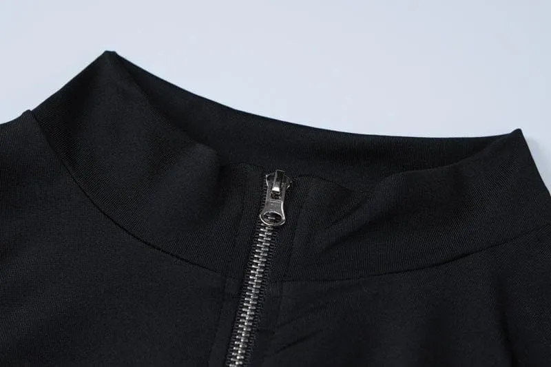 Contrast patchwork zip-up long sleeve high neck jumpsuit