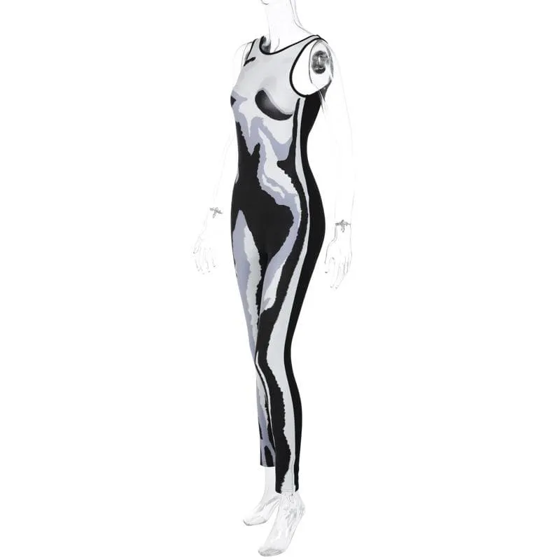Contrast print sleeveless backless round neck jumpsuit
