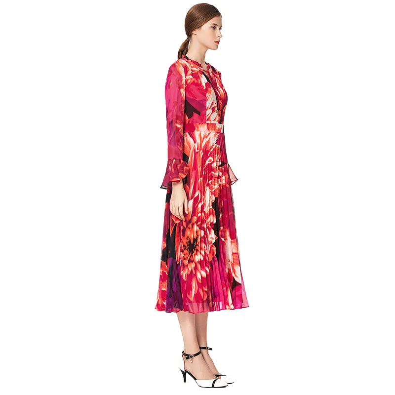 D036 Women flower print chiffon long sleeves pleated midi day dress