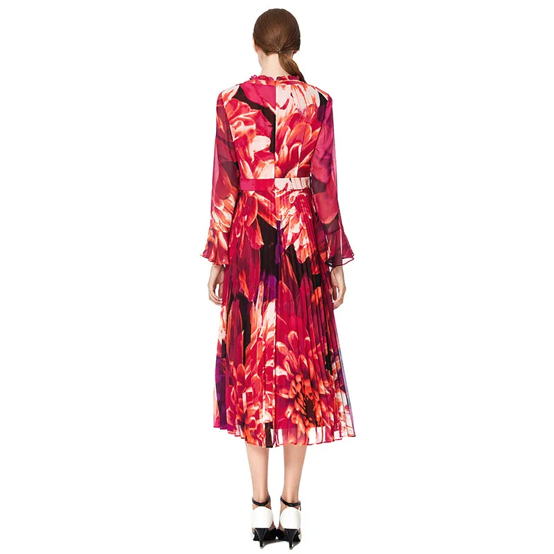D036 Women flower print chiffon long sleeves pleated midi day dress
