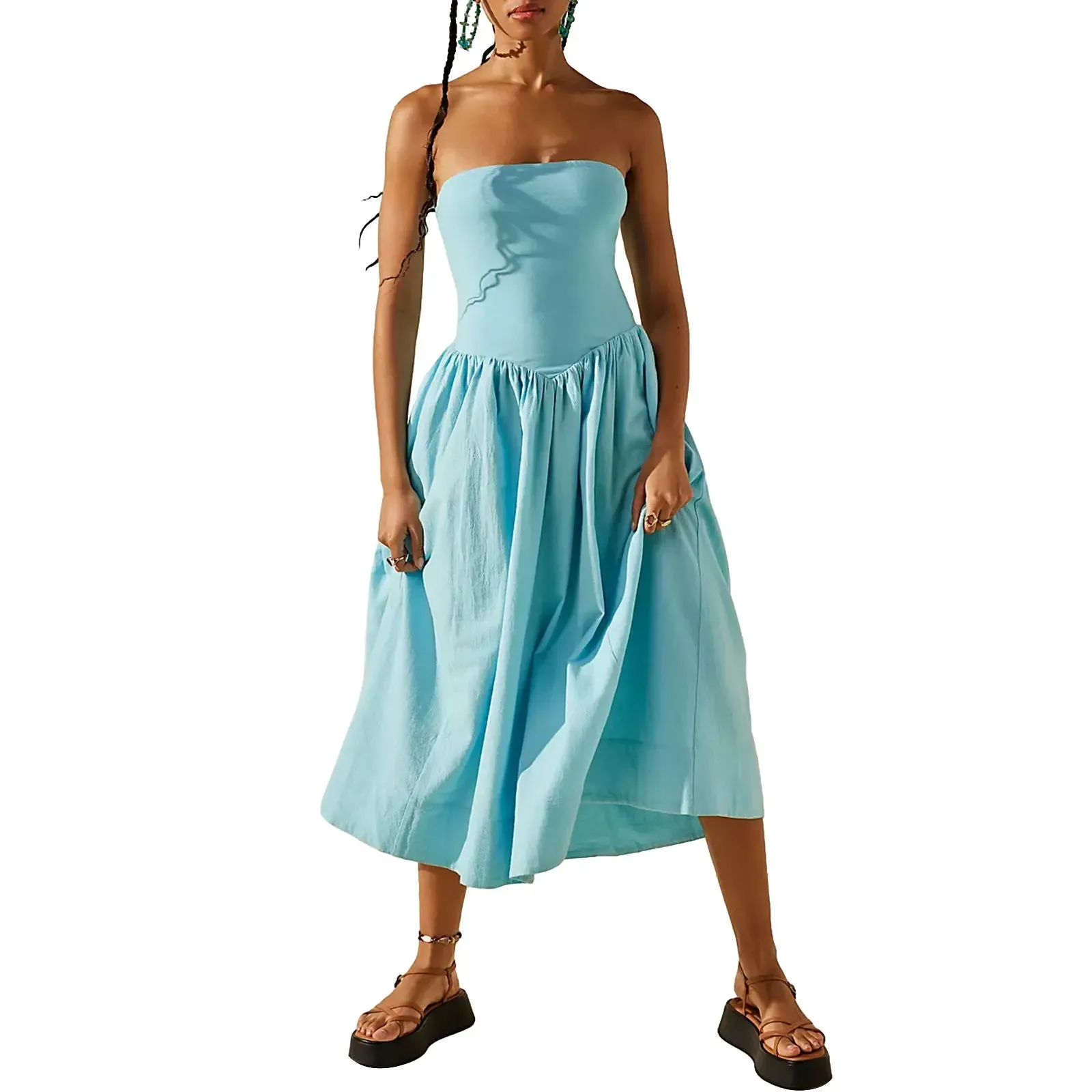 Elegant A Line Summer Strapless Patchwork Backless Tube Party Beach Vacation Midi Casual Women's Dress