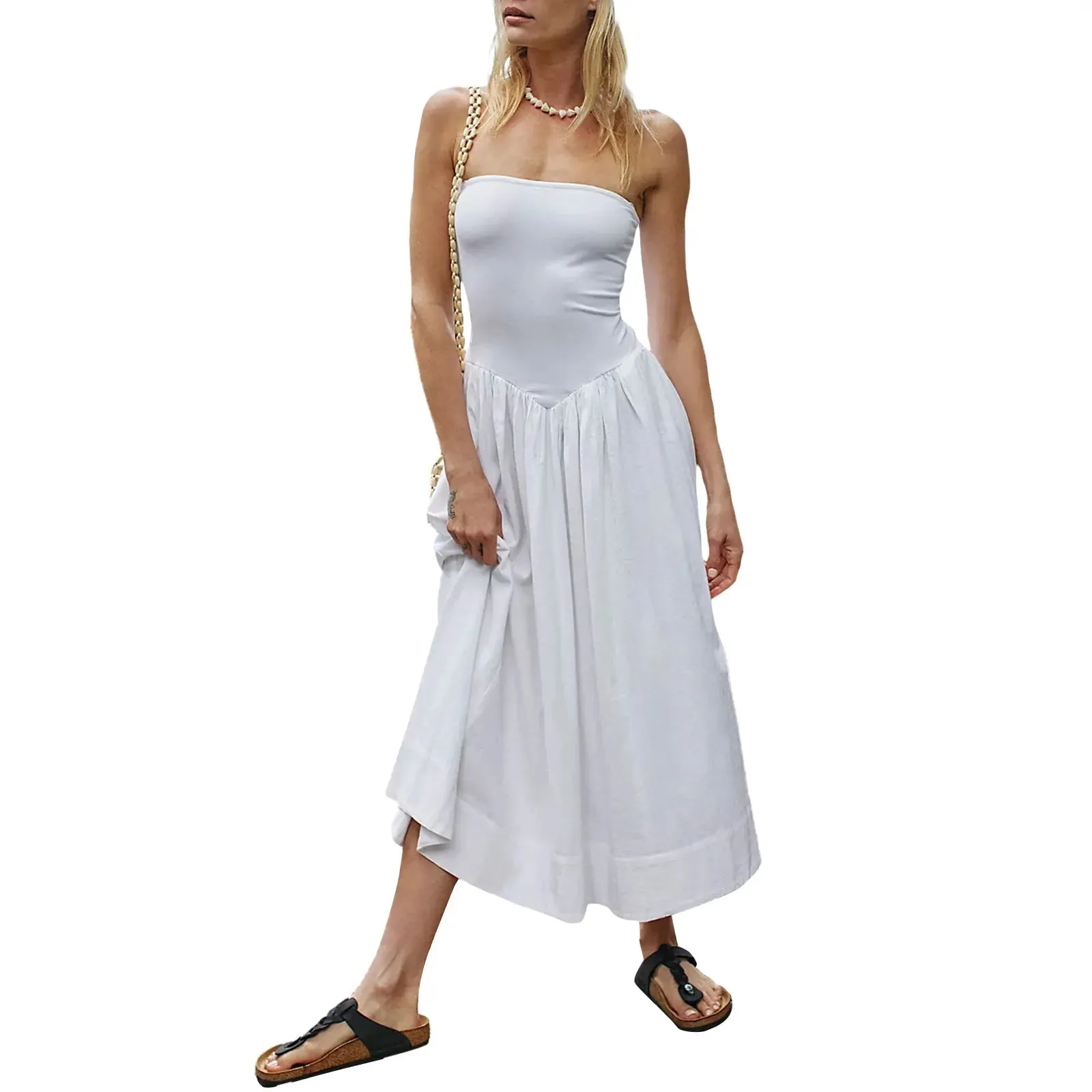 Elegant A Line Summer Strapless Patchwork Backless Tube Party Beach Vacation Midi Casual Women's Dress