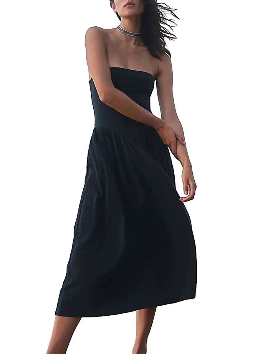 Elegant A Line Summer Strapless Patchwork Backless Tube Party Beach Vacation Midi Casual Women's Dress