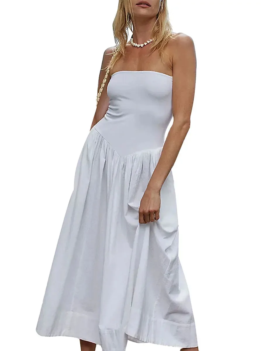 Elegant A Line Summer Strapless Patchwork Backless Tube Party Beach Vacation Midi Casual Women's Dress
