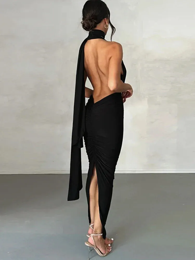 Elegant Long Deep V Neck Bandage Bodycon Backless Nightclub Sexy Party Maxi Dress