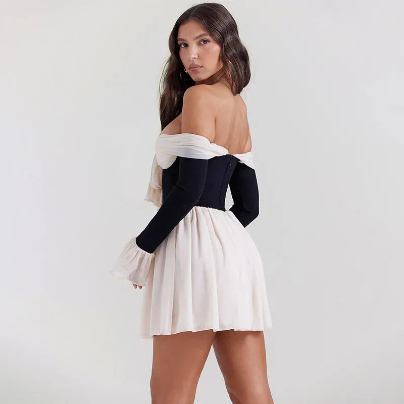Elegant Off Shoulder A-line Patchwork Backless Nightclub Party Mini Dress