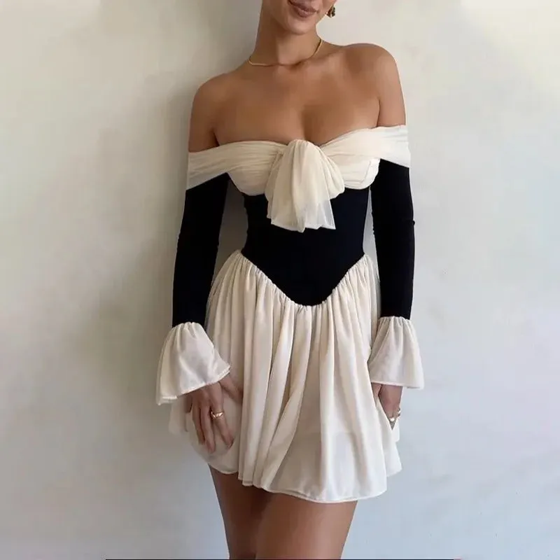 Elegant Off Shoulder A-line Patchwork Backless Nightclub Party Mini Dress