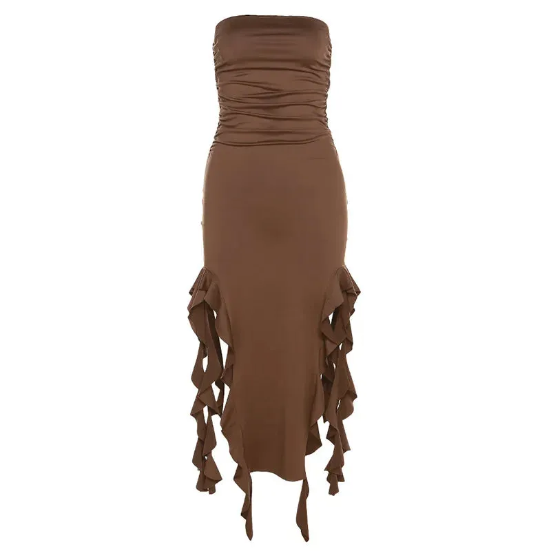 Elegant Off Shoulder Ruffles Women's Strapless Sleeveless Midi Dress - 2024 Summer Fashion Party