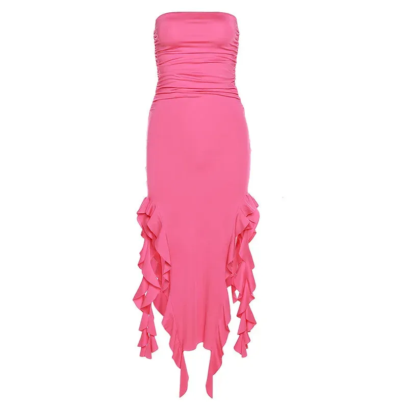 Elegant Off Shoulder Ruffles Women's Strapless Sleeveless Midi Dress - 2024 Summer Fashion Party