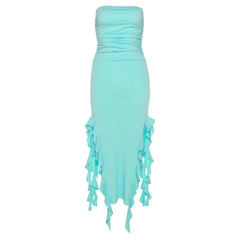 Elegant Off Shoulder Ruffles Women's Strapless Sleeveless Midi Dress - 2024 Summer Fashion Party