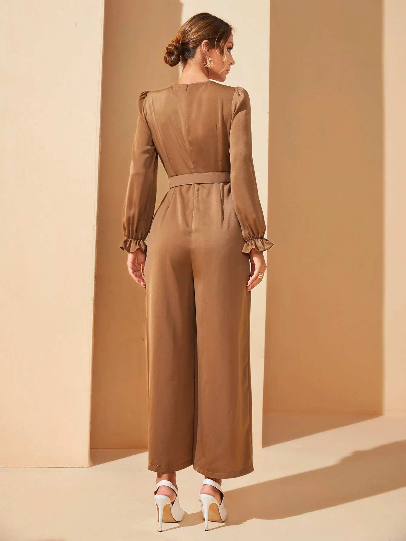 Elegant Plain Belted Long Sleeve Round Neck High Waist Long Women Jumpsuit