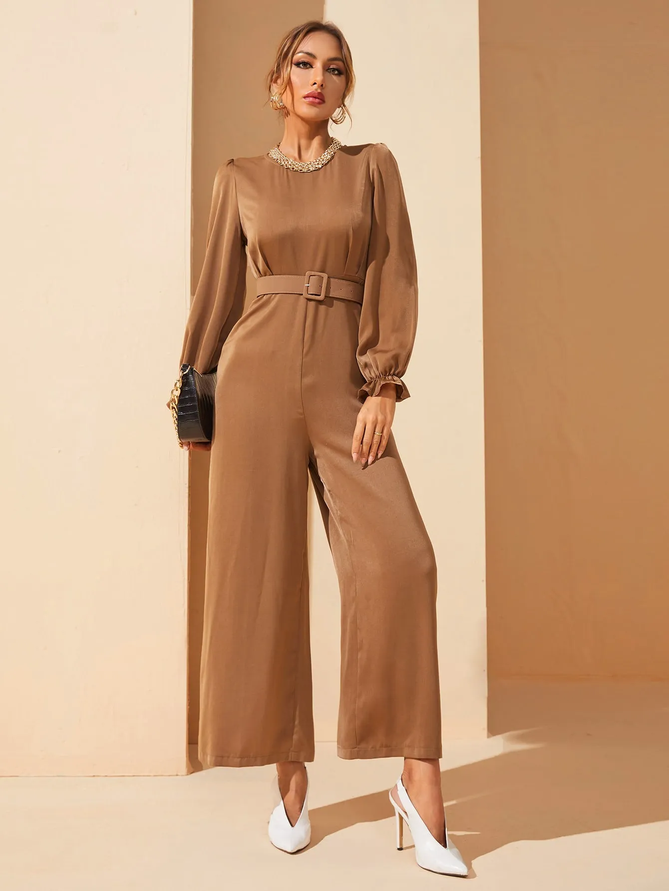 Elegant Plain Belted Long Sleeve Round Neck High Waist Long Women Jumpsuit