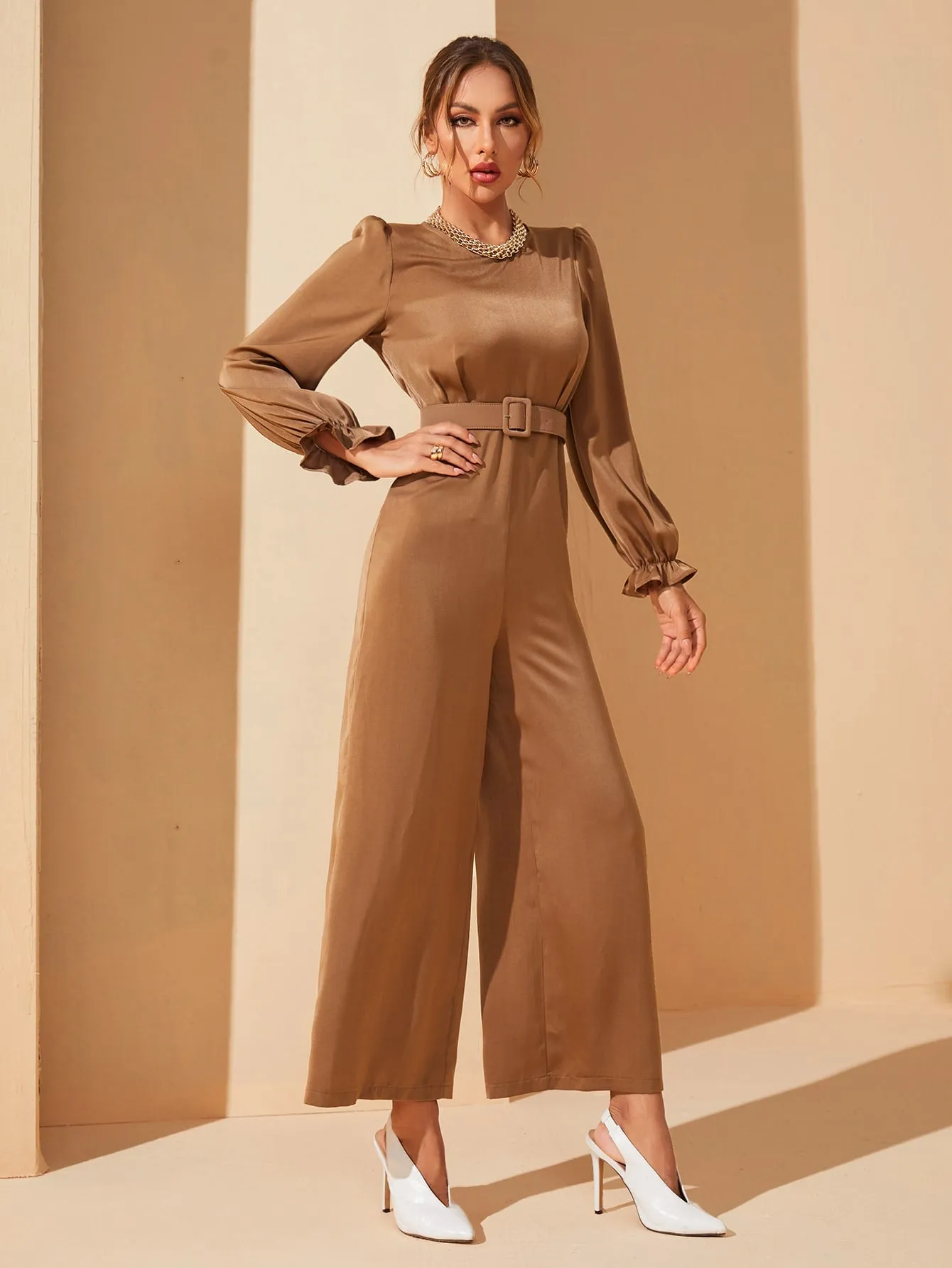 Elegant Plain Belted Long Sleeve Round Neck High Waist Long Women Jumpsuit