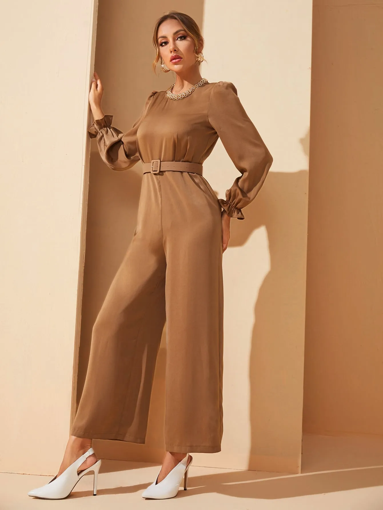Elegant Plain Belted Long Sleeve Round Neck High Waist Long Women Jumpsuit