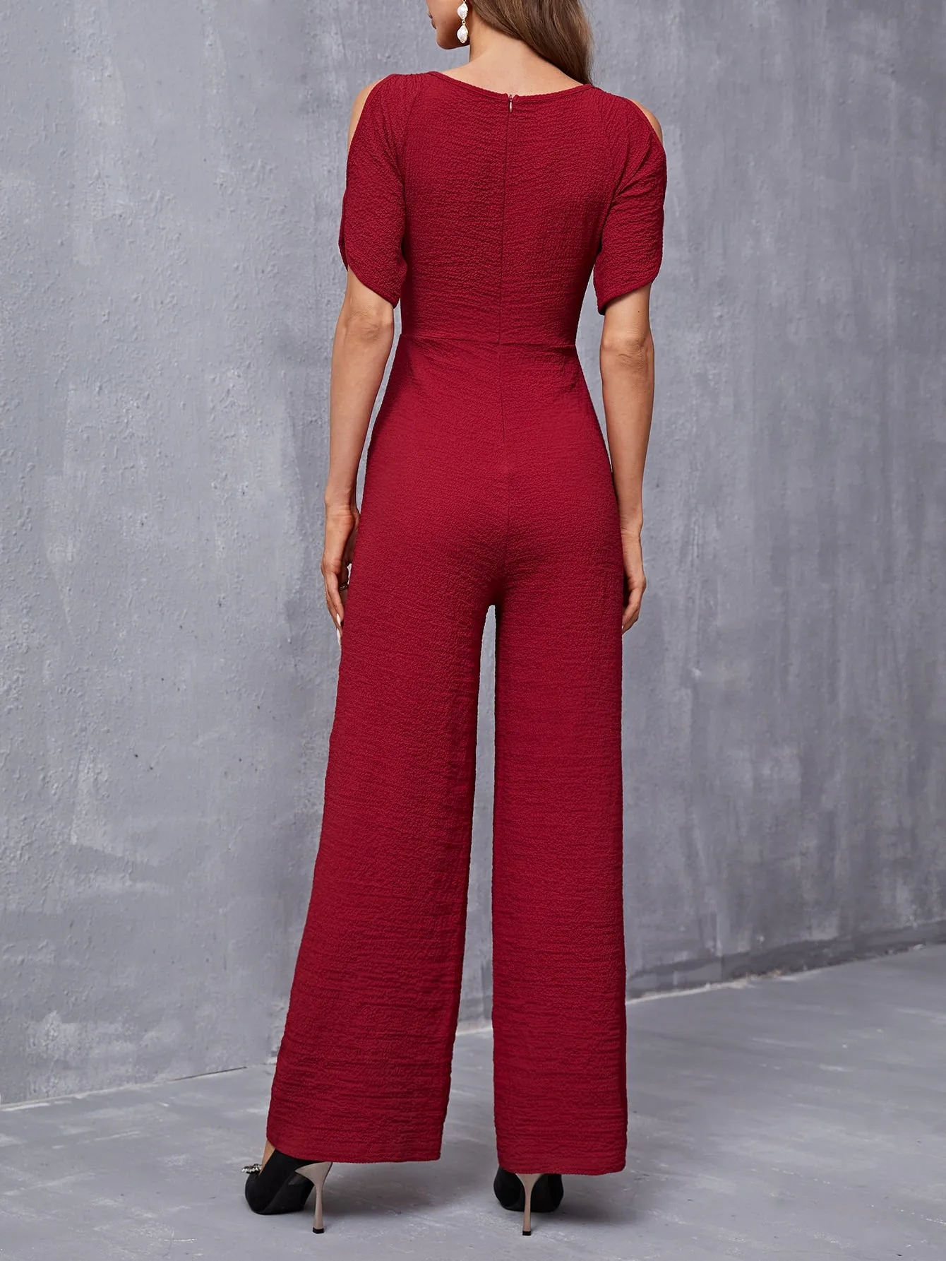 Elegant Plain Short Sleeve Round Neck High Waist Long Women Jumpsuit