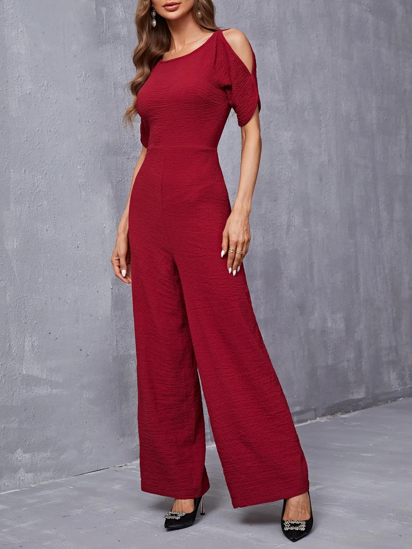 Elegant Plain Short Sleeve Round Neck High Waist Long Women Jumpsuit
