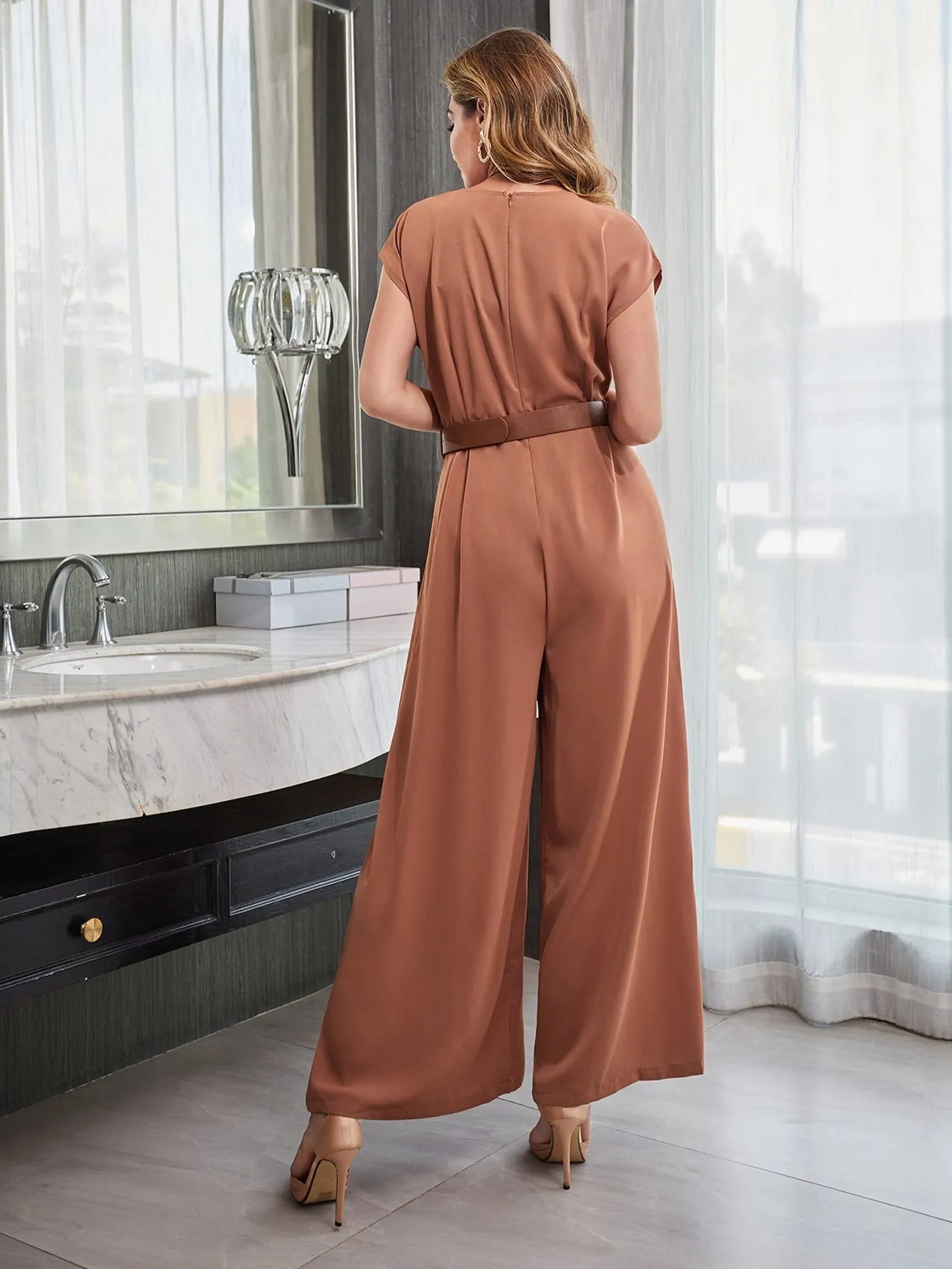 Elegant Plain Split Cap Sleeve Round Neck High Waist Long Women Jumpsuit